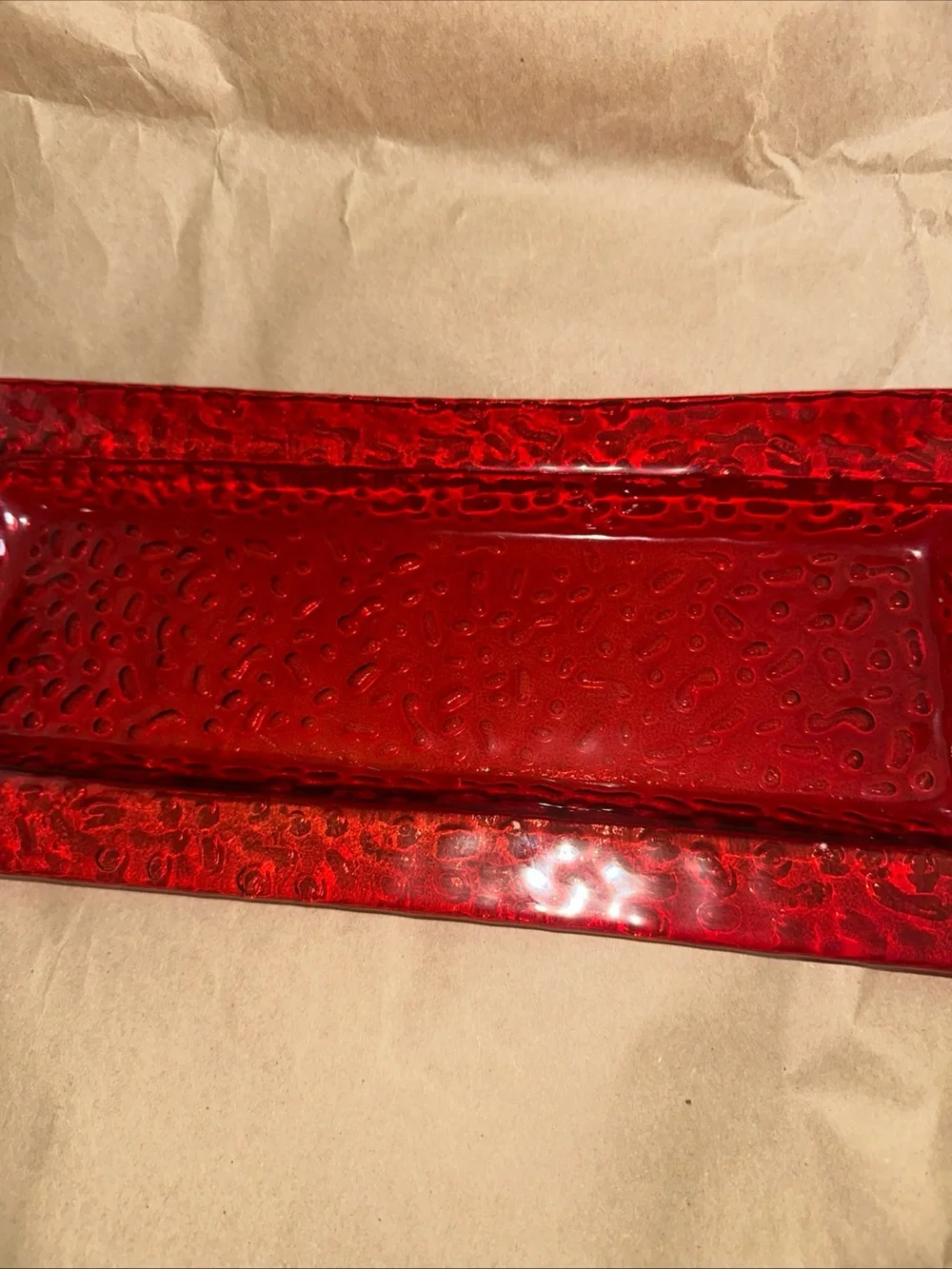Red Glass Vanity Tray with Silver ornament Accent Handles Christmas